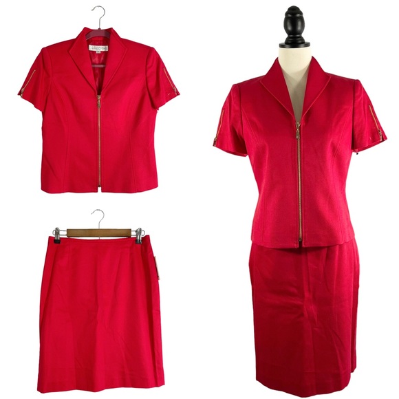Tahari ASL Skirts Tahari Asl 2pc Skirt Suit Red Zip Front Skirt Jacket Set New W Tags Size